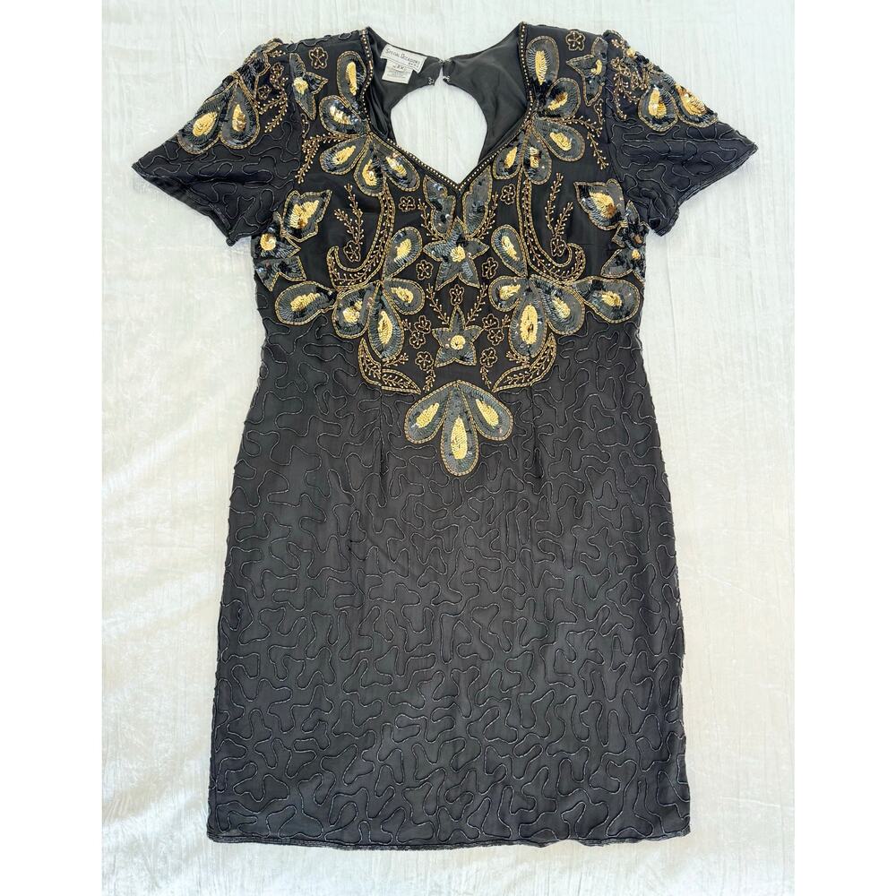 Vintage Black & Gold Sequined Beaded Short Sleeve Cocktail Party Dress Size 2X - Picture 2 of 10